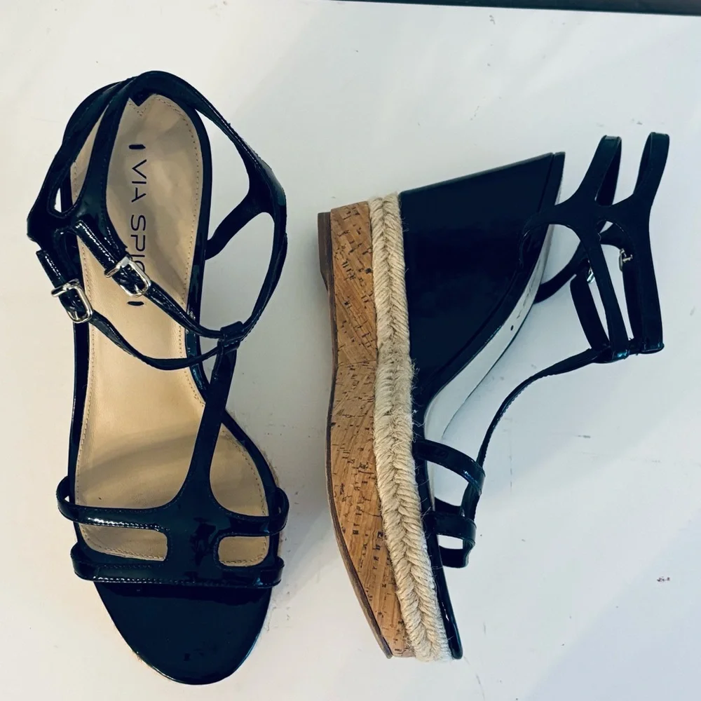 Via Spiga Patent Leather Wedge Platform Sandals Espadrille Cork Sole, Black, 9